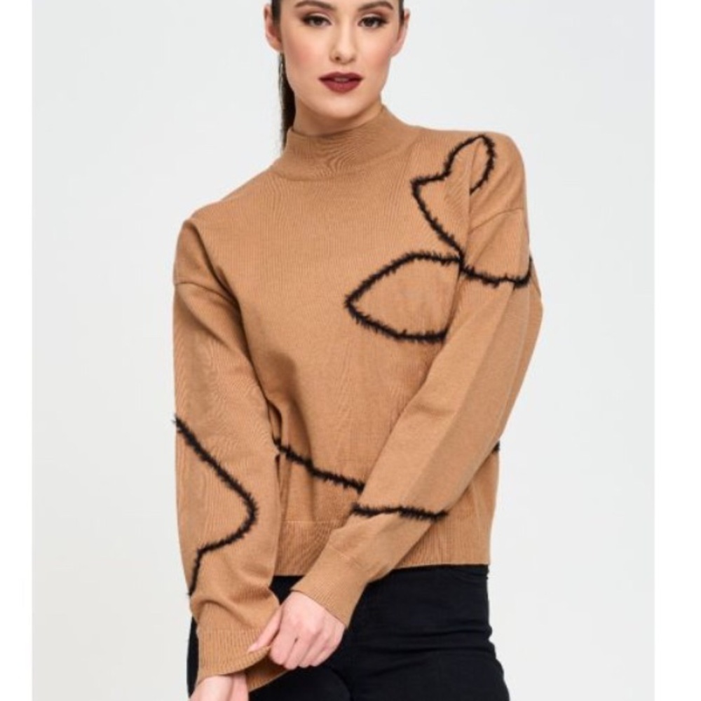 Tan Cowl Neck Sweater with Abstract Design and Relaxed Fit